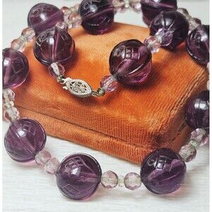 Antique Etched Molded Glass Necklace Dark Amethyst Purple Faceted Filigree Clasp